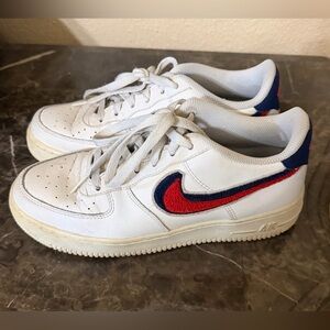 Nike Kids White Sneakers with Red & Navy Swoosh Embroidered